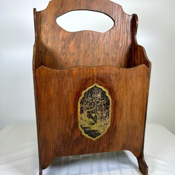 Vintage Wooden Magazine Rack Mid Century Chinoiserie Style with Asian Panels - Picture 2 of 13